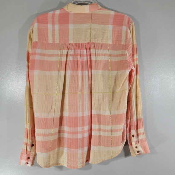 Anthro HOLDING HORSES Gailen pink plaid metallic stripe gauzy button down blouse - Picture 9 of 10